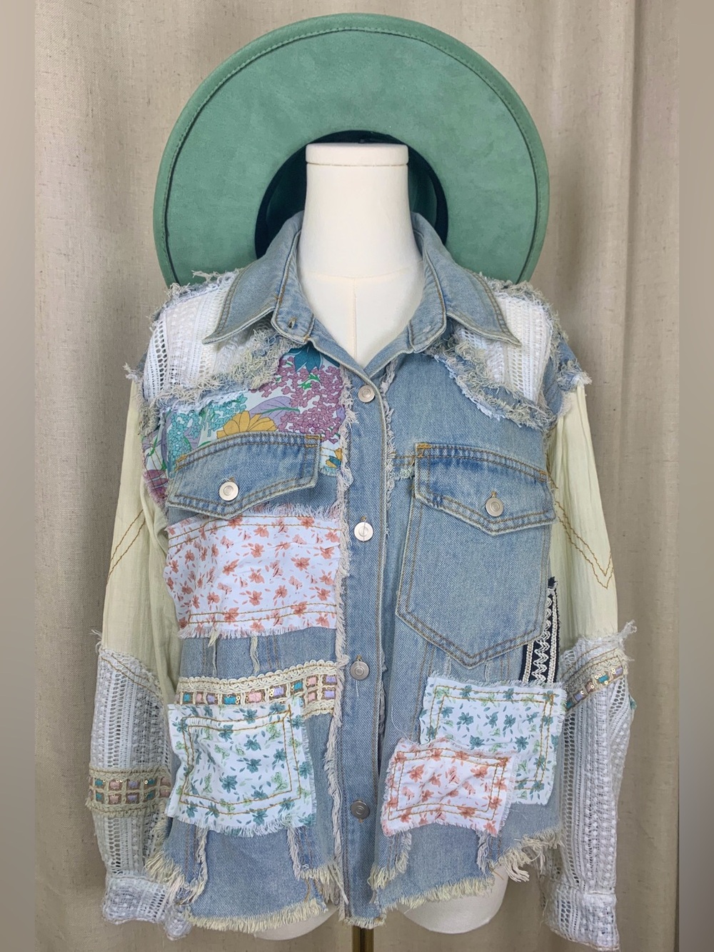 POL Patchwork Denim Jacket Boho Embellished Floral Lace Fringe Size S